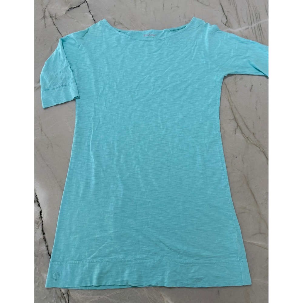 Lilly Pulitzer 100% Pima Cotton Boatneck Dress Cassie Turquoise 3/4 Sleeve Small